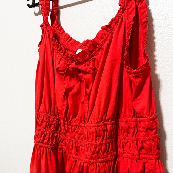 Women’s Red Shirred Tank Midi Dress with Pockets - Picture 2 of 4